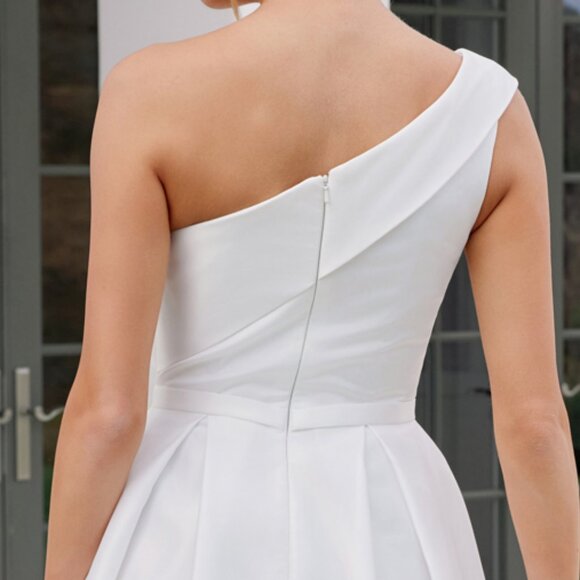 New One Shoulder White Wedding Tea Lenght Satin Gown w/ Side Pockets NX JE931W - Picture 7 of 8
